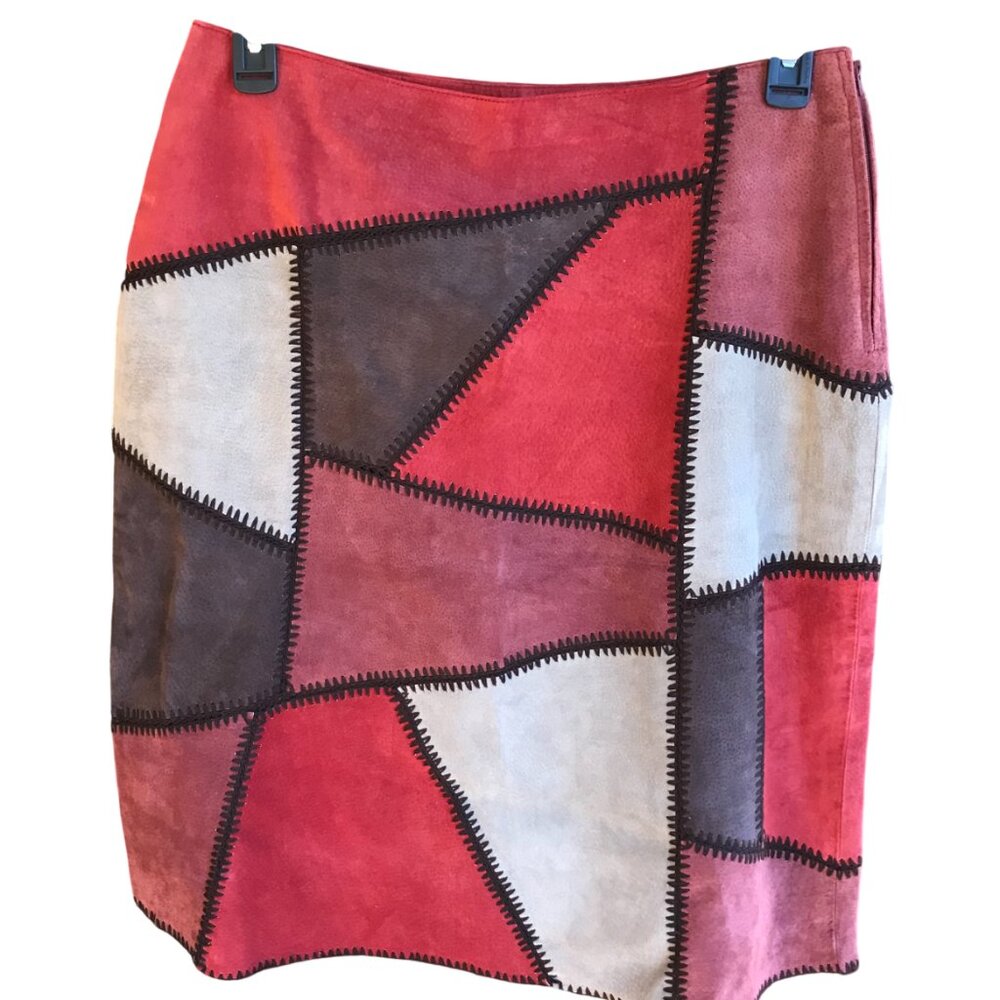 Pour Elle Patchwork Leather Skirt Decorative Stitch, Red Brown Camel Tan Size 10